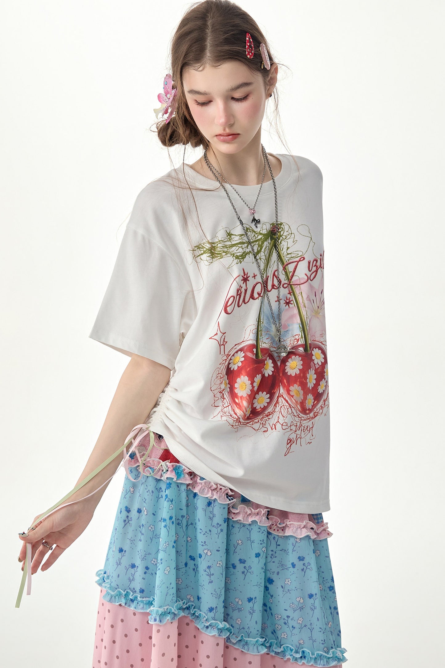 Cherry Daisy Print Short Sleeve T-Shirt
