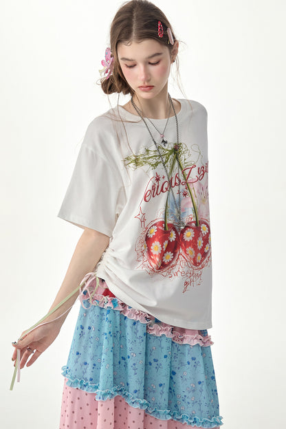 Cherry Daisy Print Short Sleeve T-Shirt
