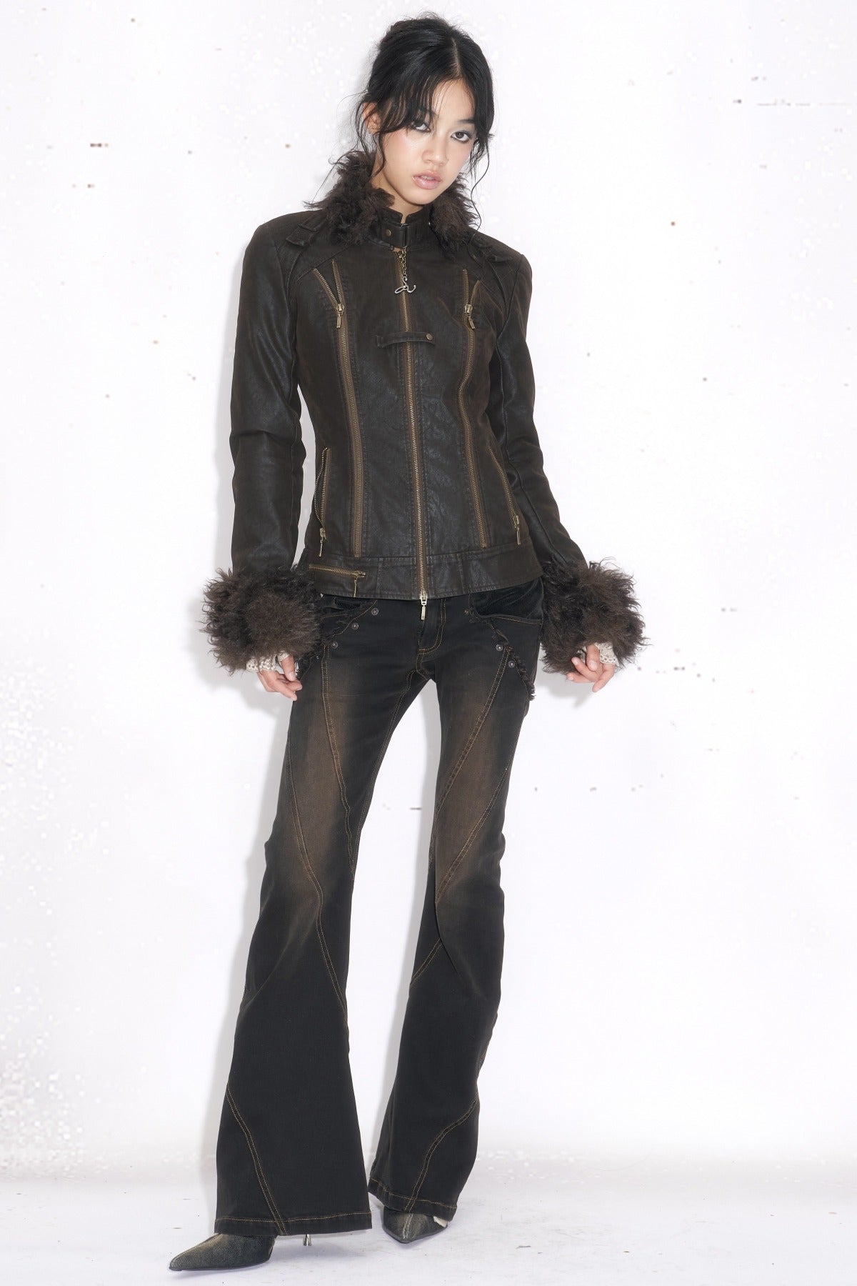 Dark Brown Quilted Leather Zipper Jacket
