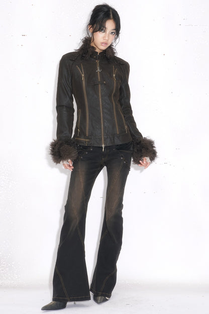Dark Brown Quilted Leather Zipper Jacket