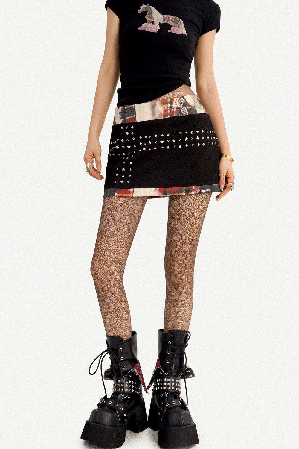 Black Patchwork Studded Bodycon Skirt