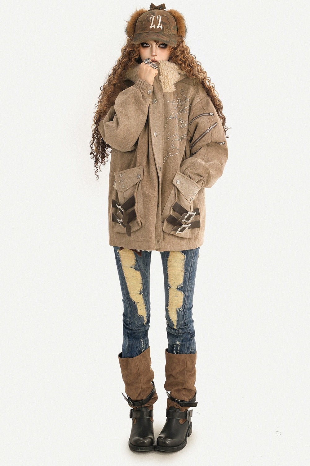 Maillard Fleece-Lined Hooded Fur Collar Jacket