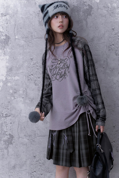 Gray-Purple Printed Raglan Drawstring T-Shirt and Skirt Set-Up
