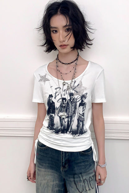 Portrait Print Drawstring Top