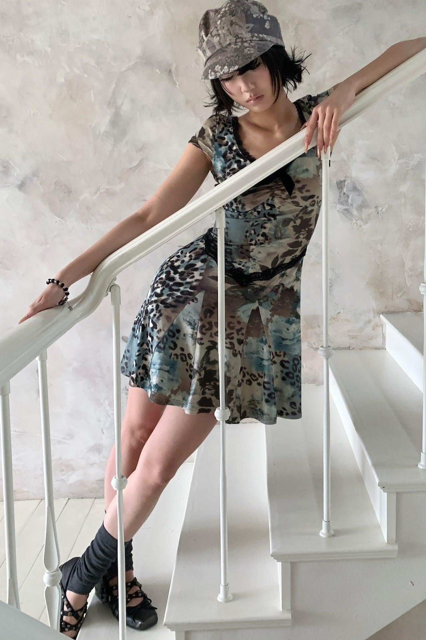 Sea Blue Leopard Floral Lace Dress