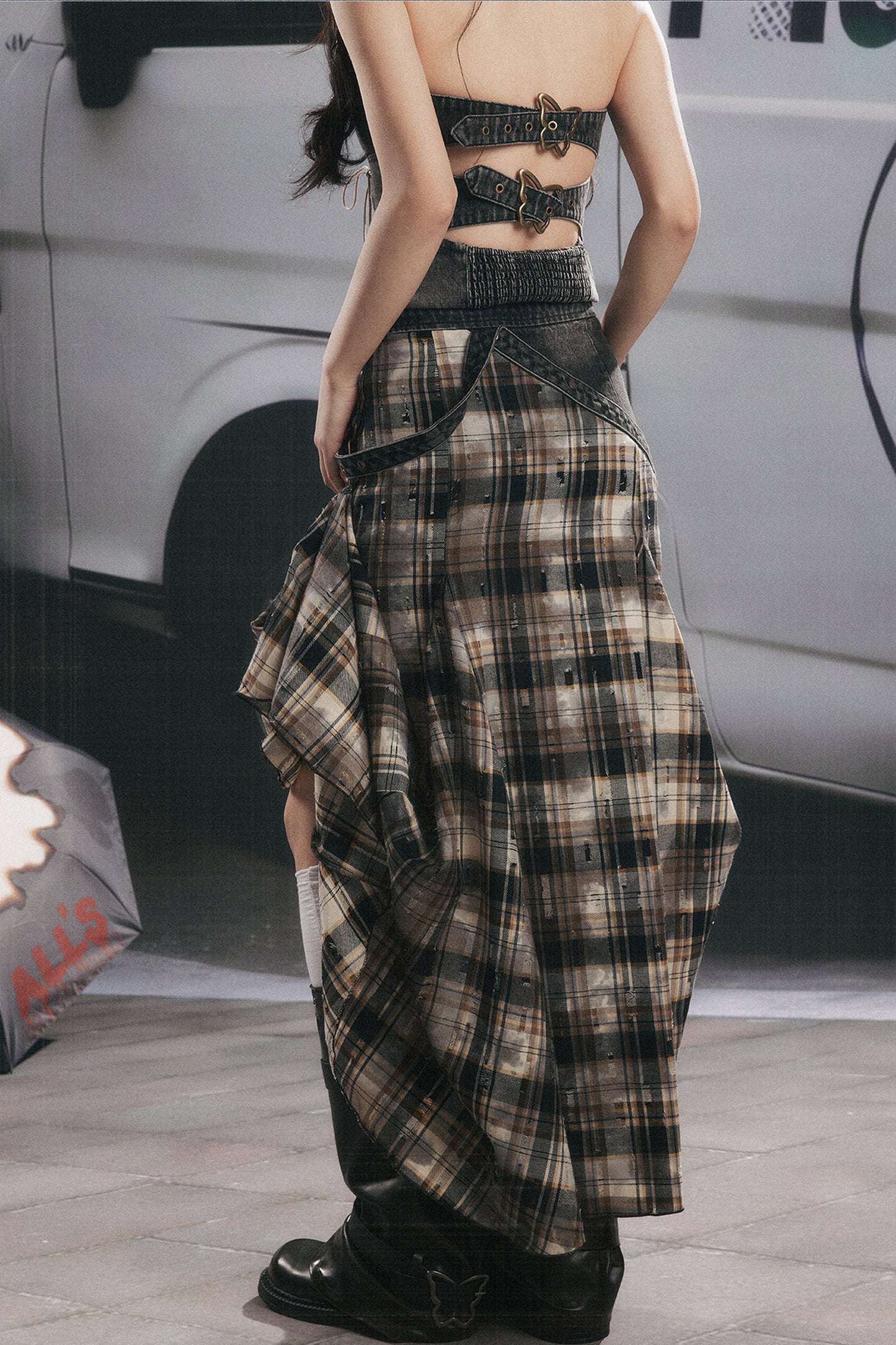 Retro Plaid Asymmetrical Denim Skirt