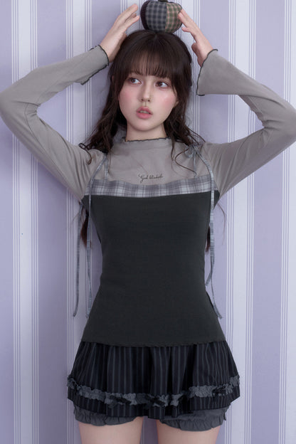 Gray Plaid Layered-Look Blouse