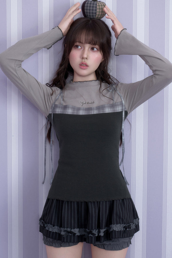 Gray Plaid Layered-Look Blouse