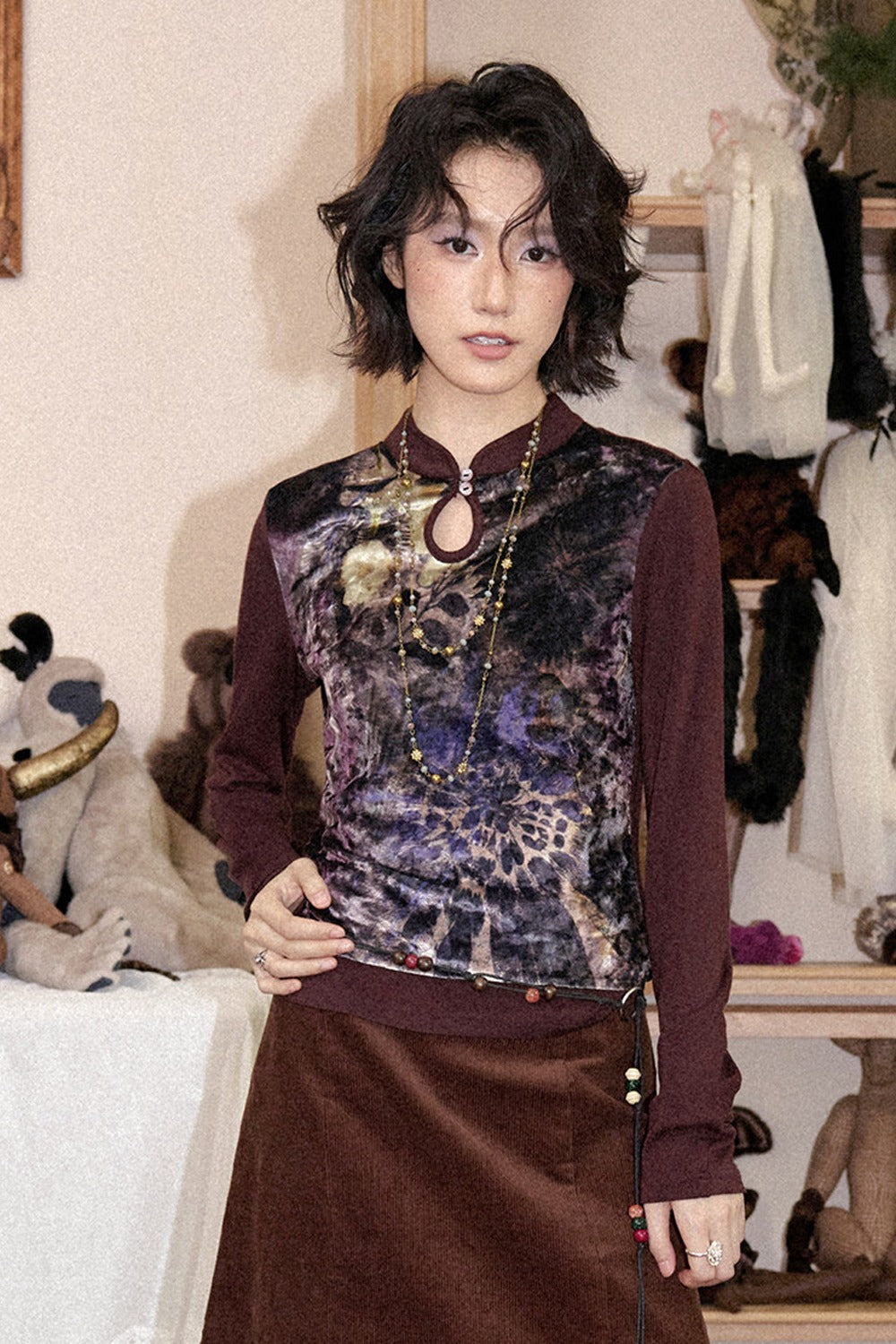 Mandarin Collar Velvet Long-Sleeve T-Shirt