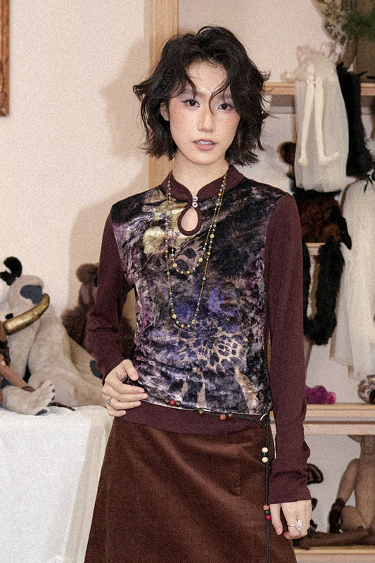 Mandarin Collar Velvet Long-Sleeve T-Shirt
