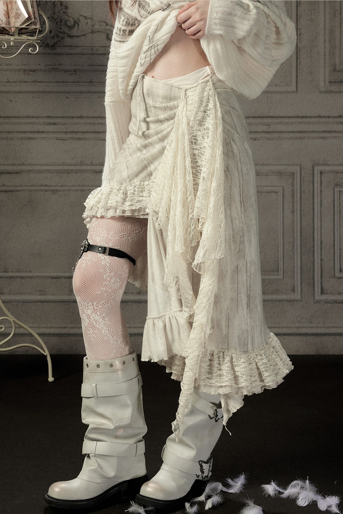 Beige Asymmetrical Lace Spliced Skirt