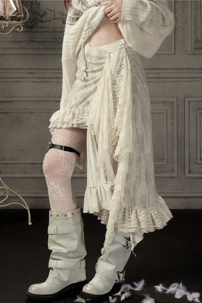 Beige Asymmetrical Lace Spliced Skirt