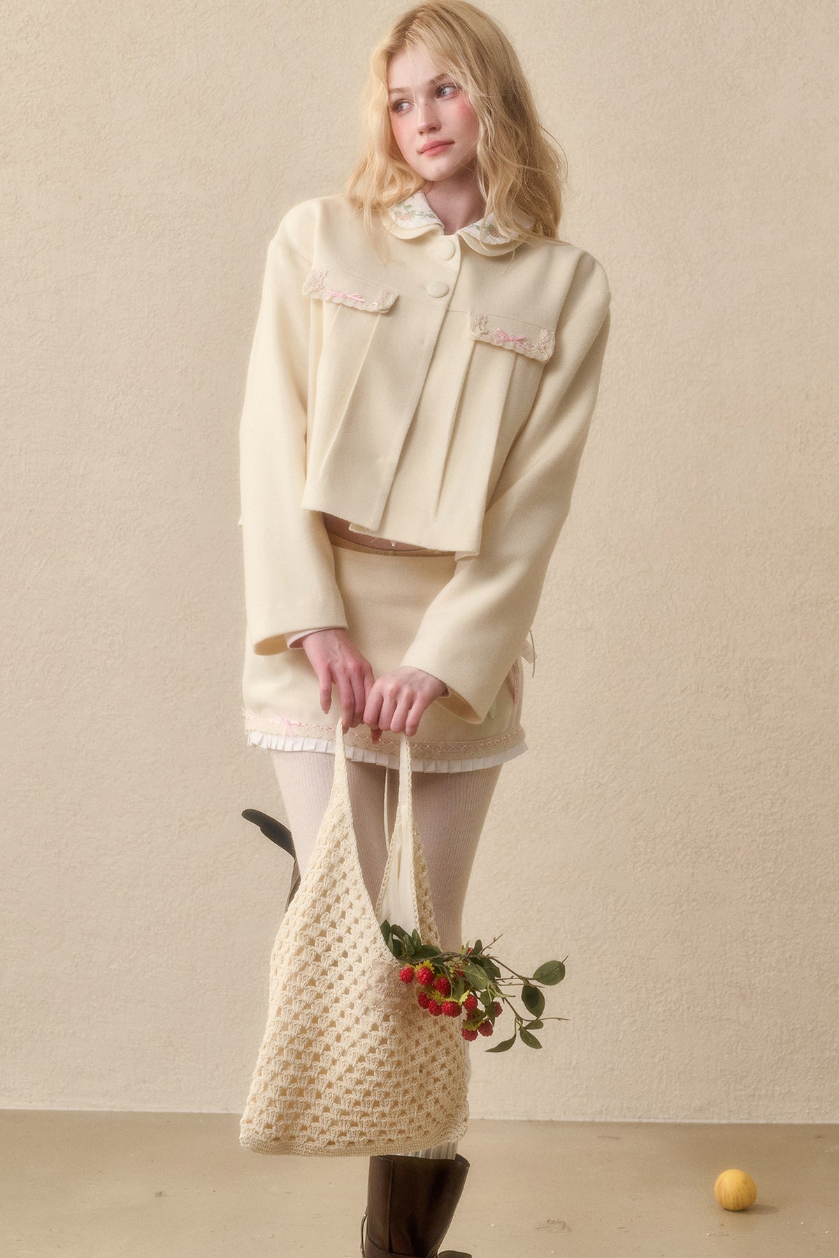 Strawberry Ribbon Tie Embroidered Top and Skirt Set-Up