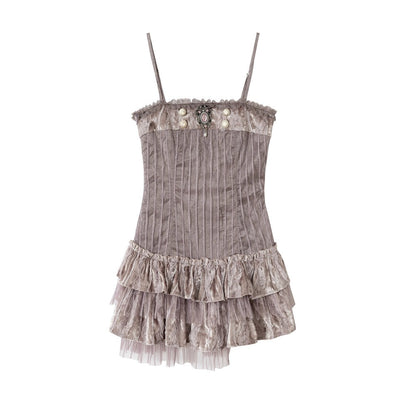 Abito camisole a balze in mesh di velluto