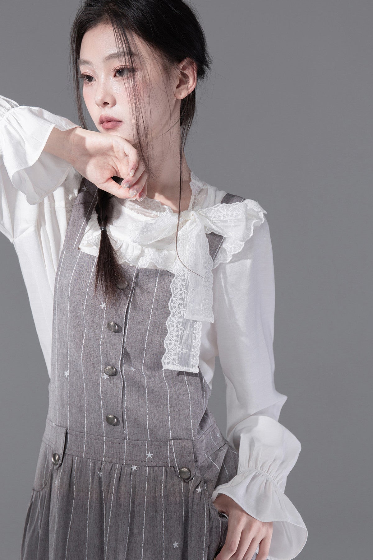 Cream Parfait Ruffle Collar Shirt and Dress Set-Up