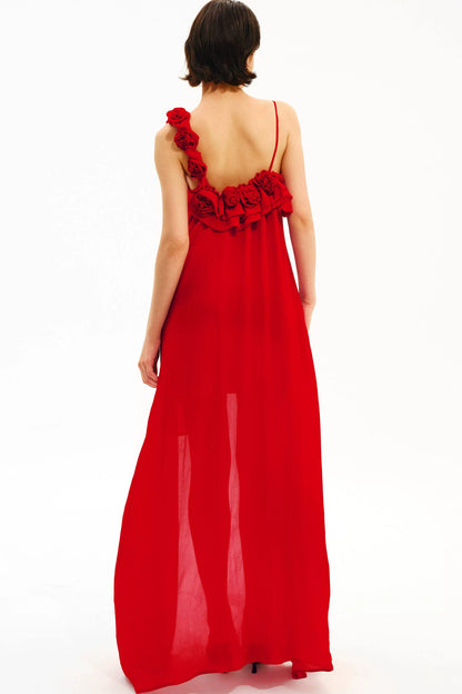 Hand-Stitched Rose Red Slip Dress