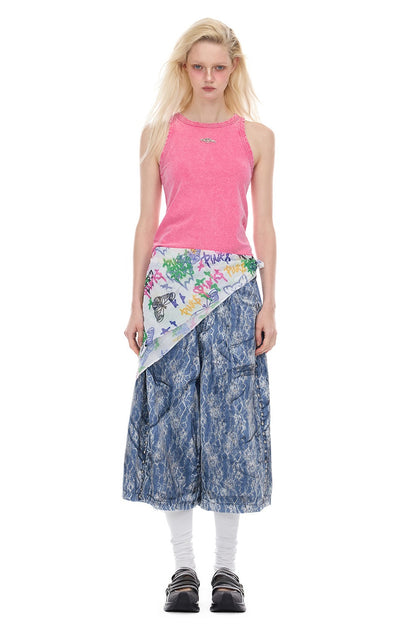 Rivet Structure Lace Denim Wide Leg Shorts