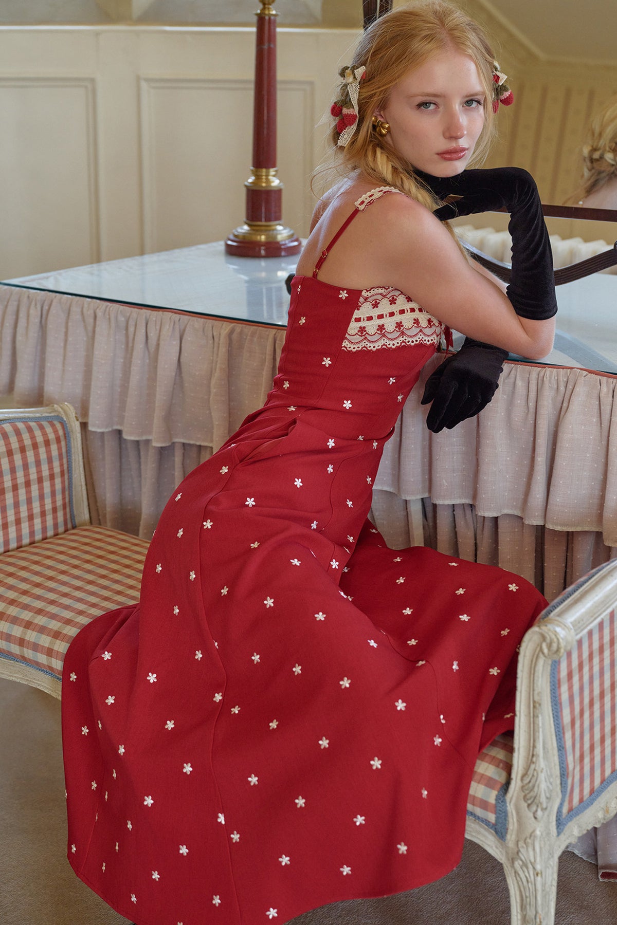Berry Embroidered Strap Dress and Cardigan Set-Up