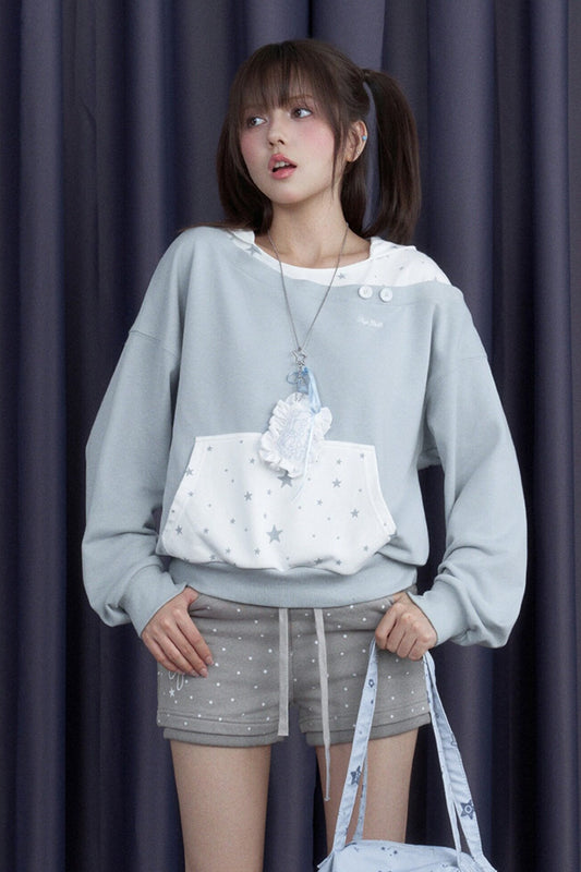 Blue White Star Layered-Look Hooded Sweatshirt