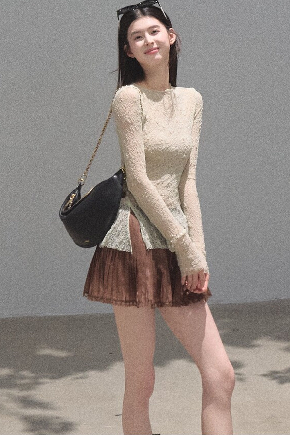 Silver Textured Knit Lace Top