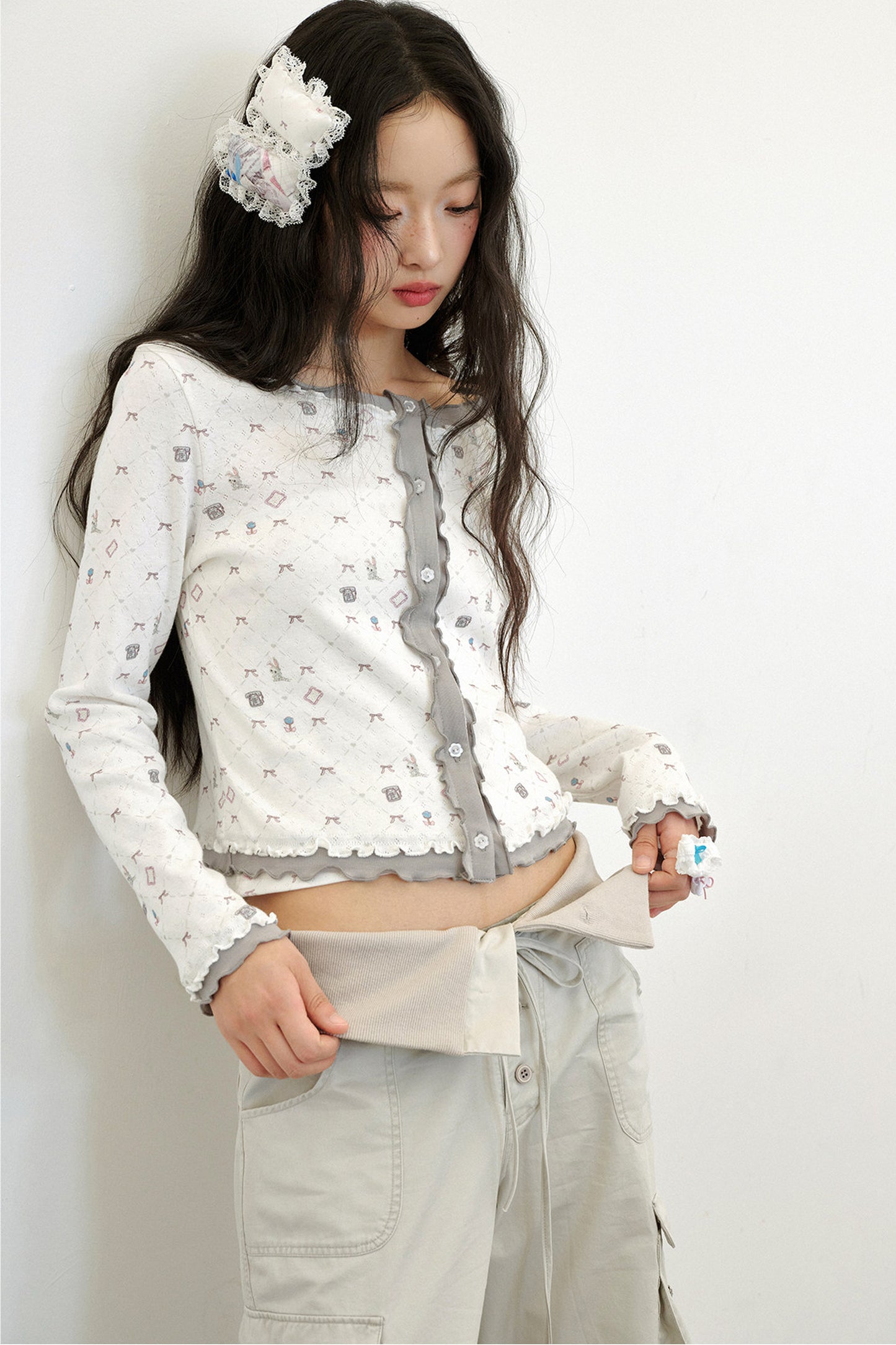Cardigan in maglia a maniche lunghe con stampa bicolore