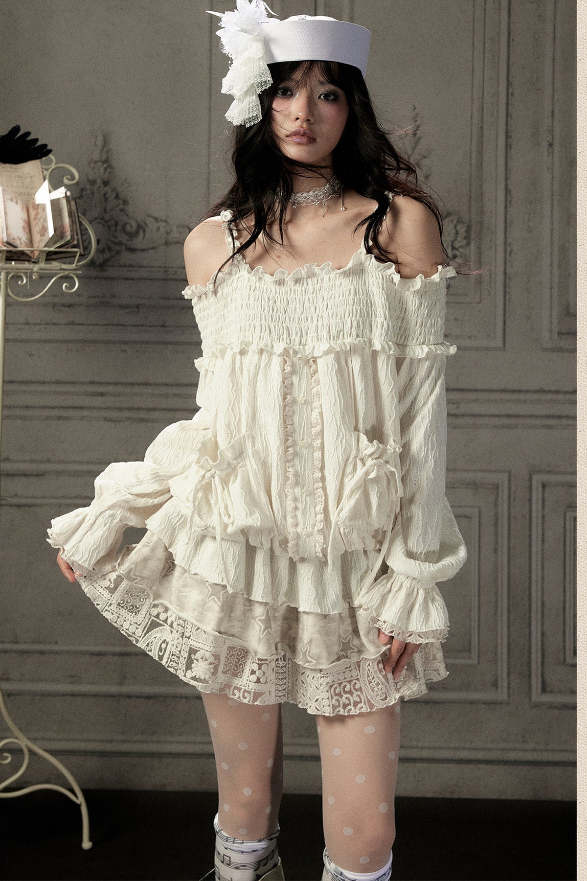 Beige Lace Off-Shoulder Dress