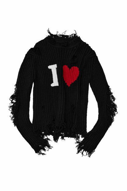 Distressed Ribbed Heart Pullover Sweater