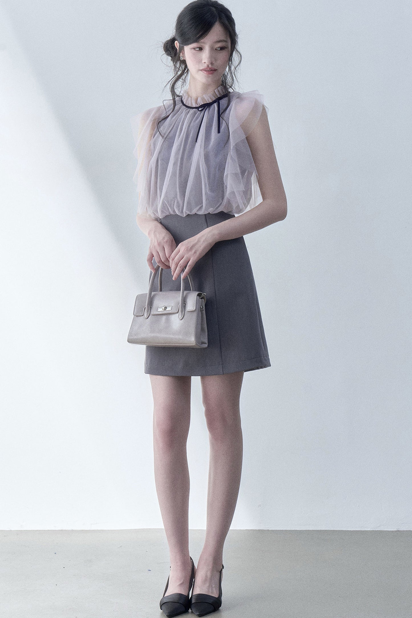 Pleated Mesh Flutter Sleeve Layered-Look Dress