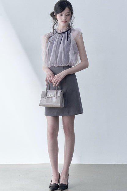 Pleated Mesh Flutter Sleeve Layered-Look Dress