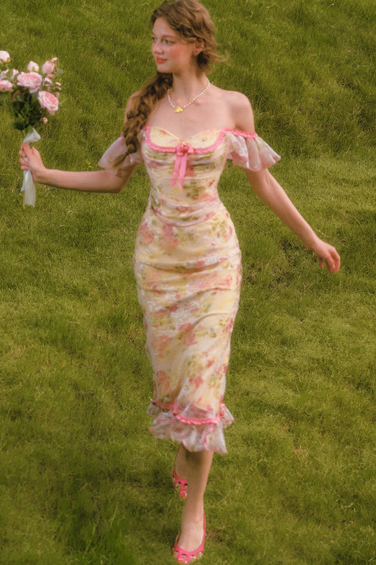 Floral Off-Shoulder Fishbone Corset Top and Skirt Set-Up