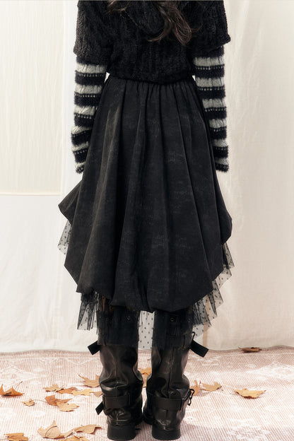 Black Asymmetrical Lace Splicing Polka Dot Skirt