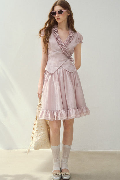 Purple Ruffle Trim Blouse and Tiered Skirt Set
