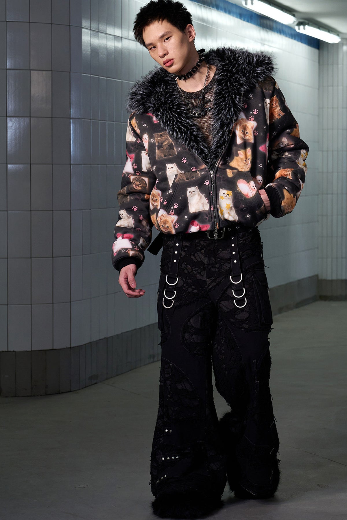 Cat Print Reversible Fur Coat