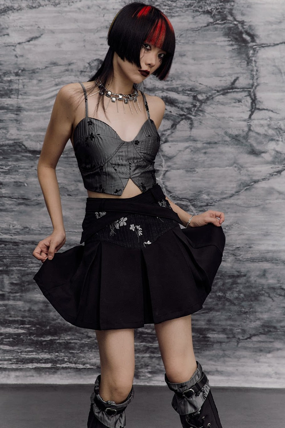 New Chinese-Style Punk Jacquard Pleated Skirt