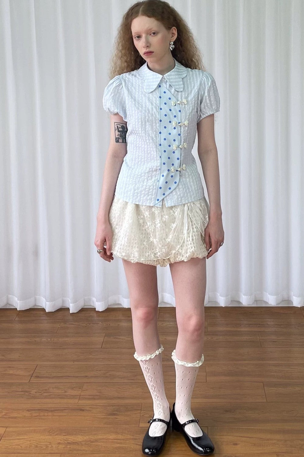 Blue Plaid Polka Dot Puff Sleeve Blouse