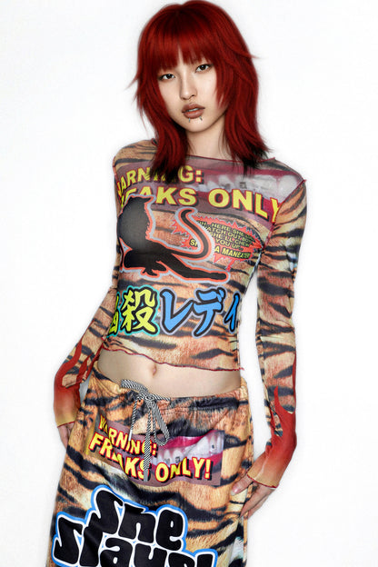 Y2K Graphic Long Sleeve Mesh Top