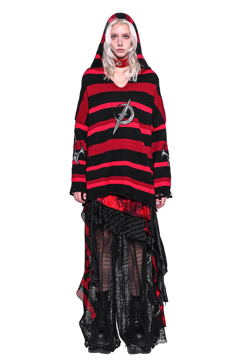 Red Black Striped Embroidered Hoodie