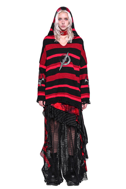 Red Black Striped Embroidered Hoodie