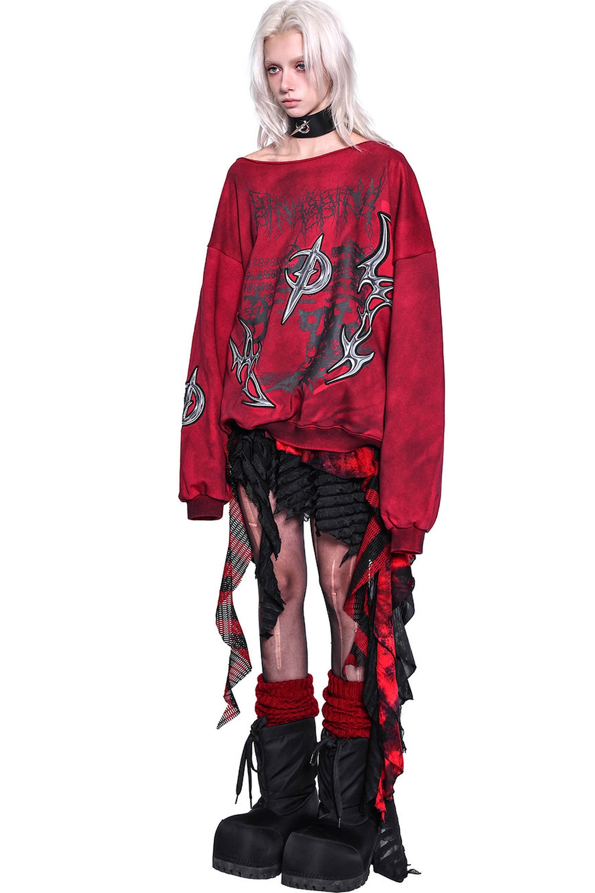 3D Embroidery Off-Shoulder Distressed Print Sweatshirt
