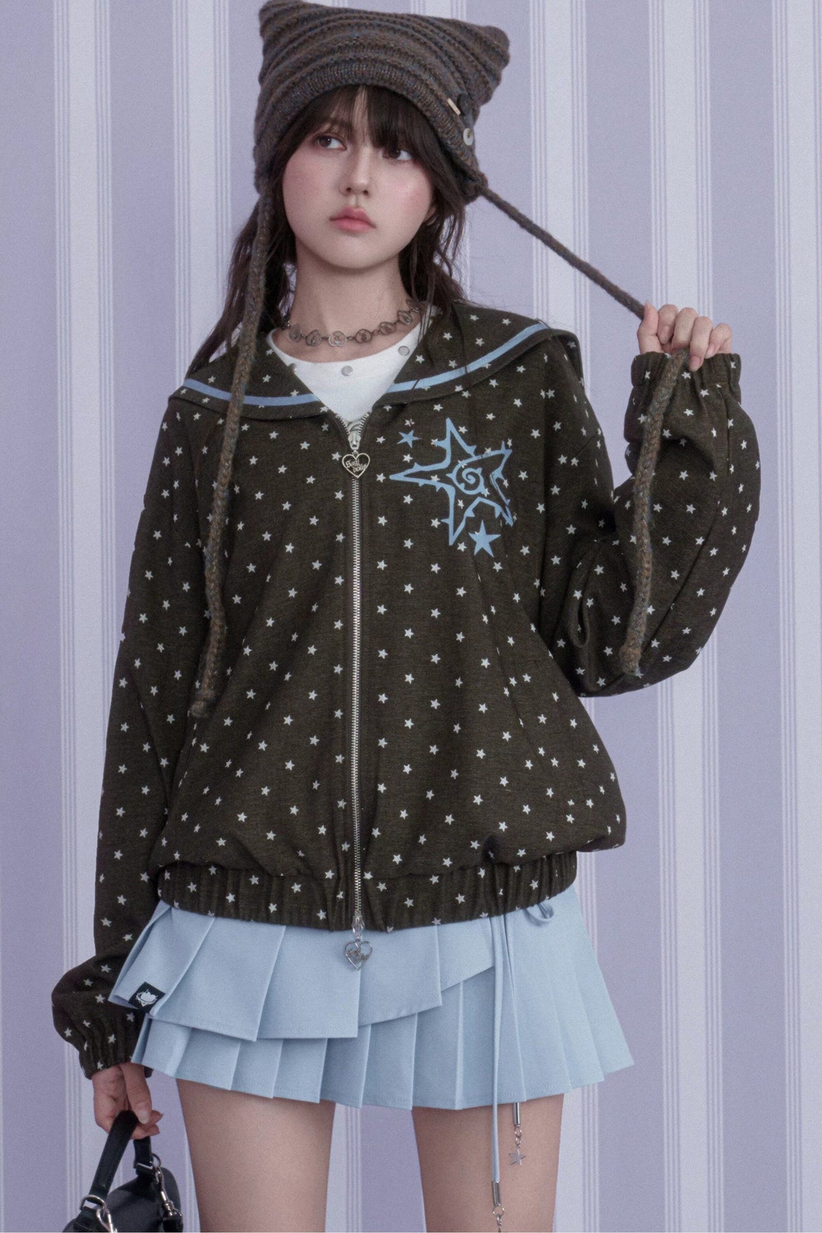 Brown Blue Swirl Star Navy Collar Jacket Set-Up