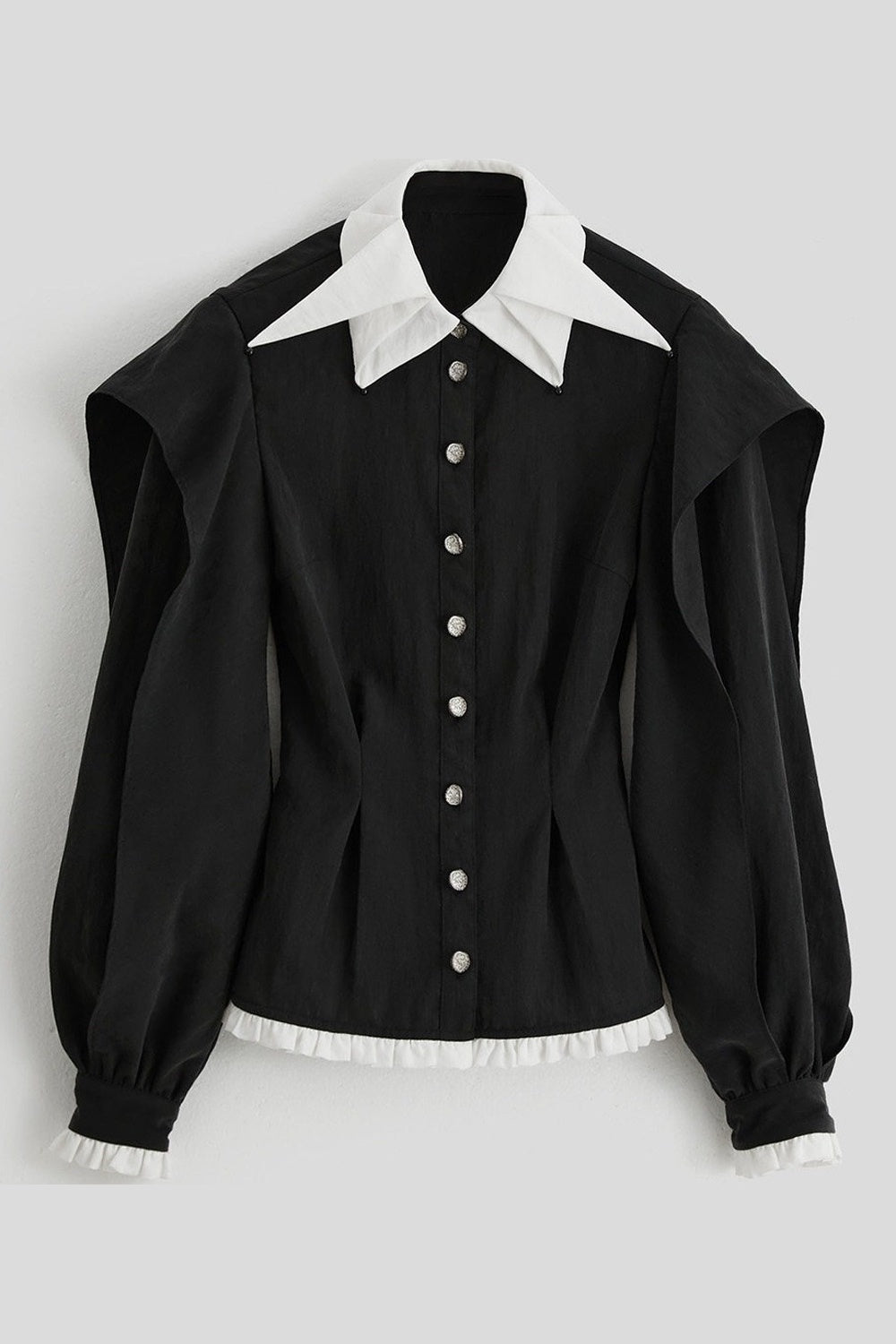 Lyocell Ruffle Patchwork Puff Sleeve Shirt