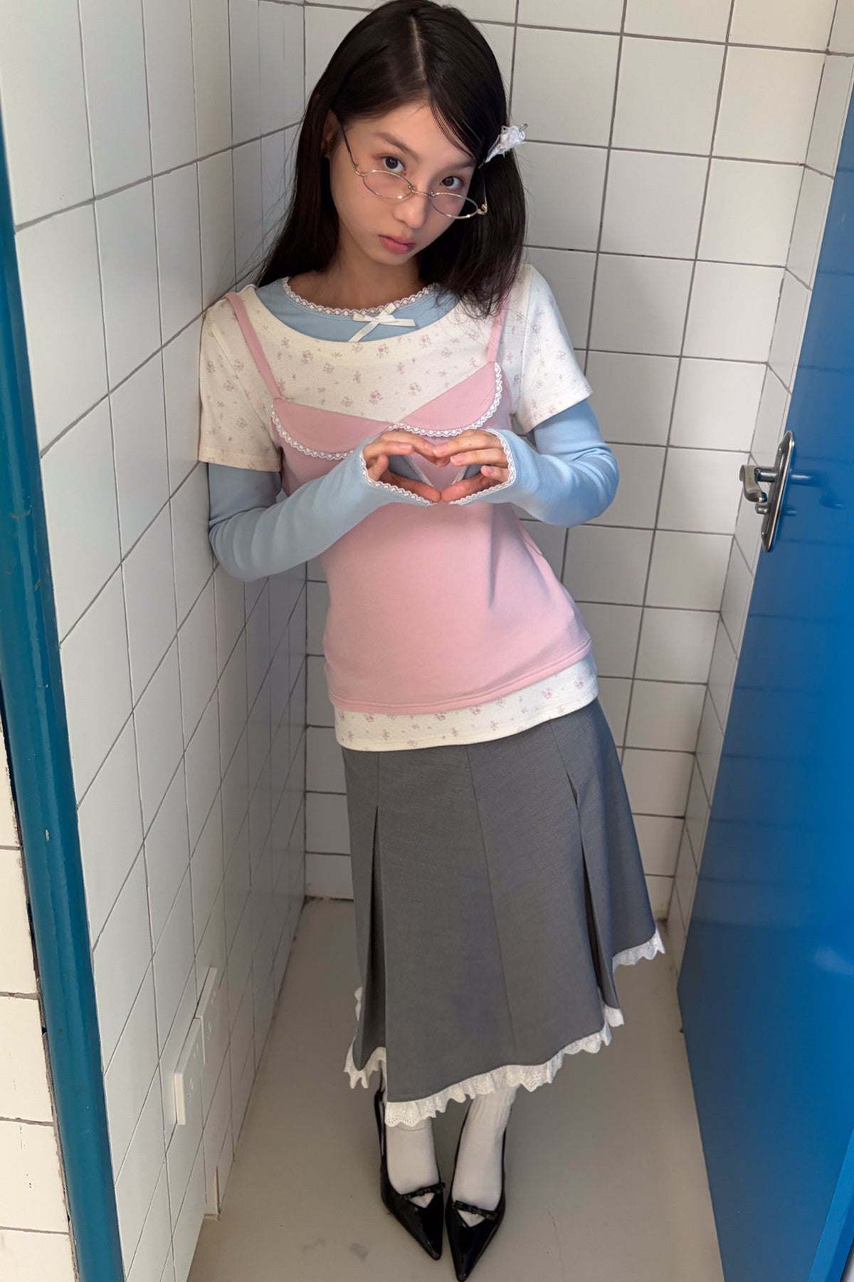 Gray Pleated Lace A-Line Skirt