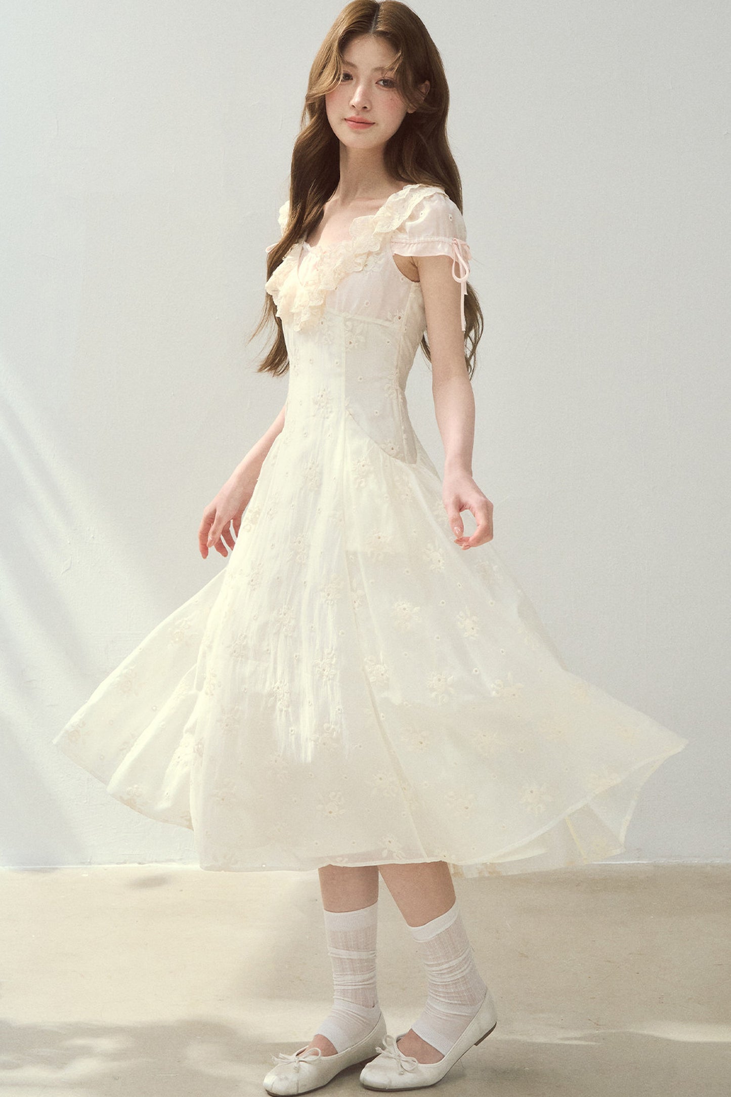 Rose Embroidered Square Neck Long Dress