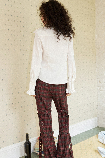 Pointed Collar Lace Print Layered-Look Blouse