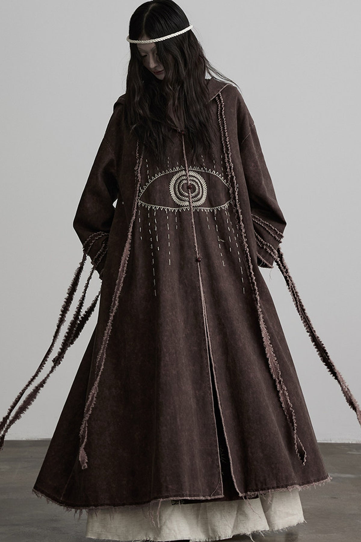 Red-Brown Quilted Embroidered Long Hooded Trench Coat