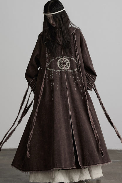 Red-Brown Quilted Embroidered Long Hooded Trench Coat