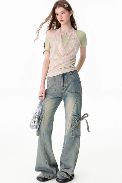 Neckholder-Weste aus floraler Spitze mit schulterfreiem T-Shirt