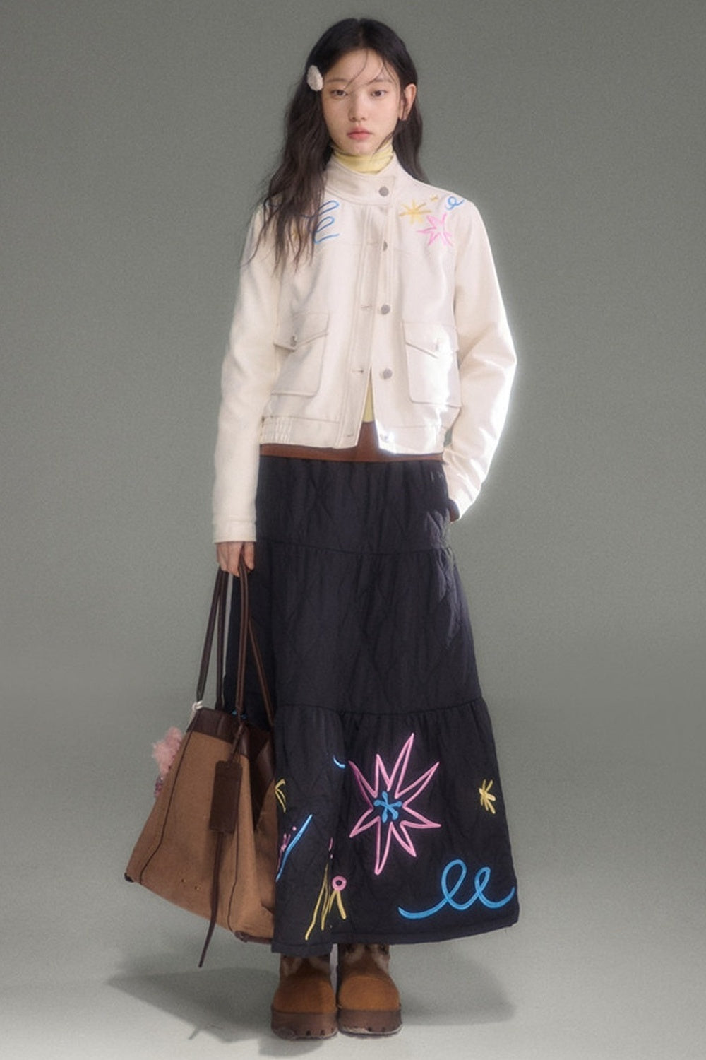Floral Embroidered Quilted A-Line Tiered Skirt