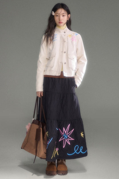 Floral Embroidered Quilted A-Line Tiered Skirt