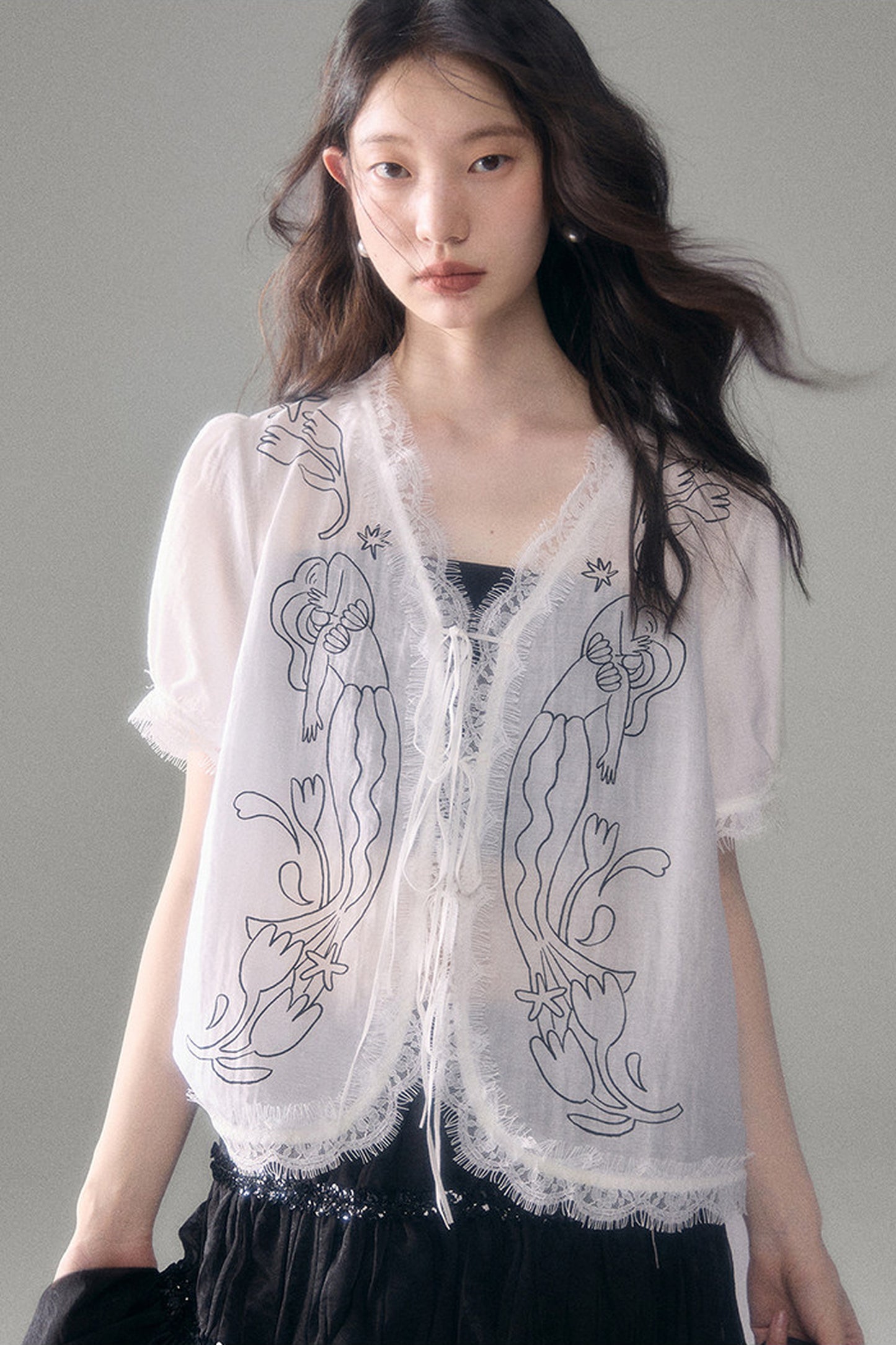 Mermaid Print Tencel Linen Short-Sleeve Shirt